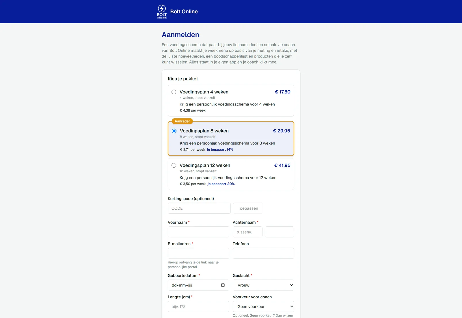 De aanmeldpagina van een bedrijf met zijn pakketten