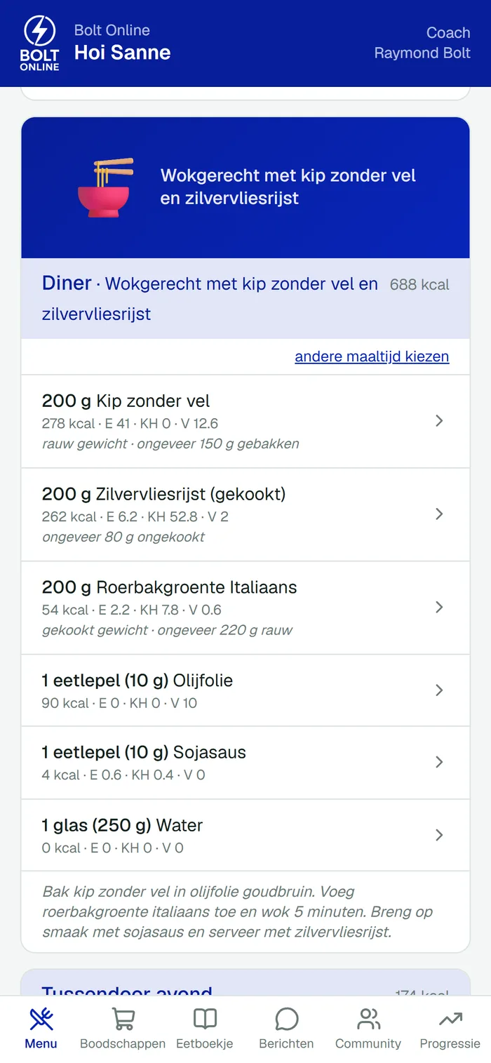 De klant-app op de telefoon met het avondeten van vandaag