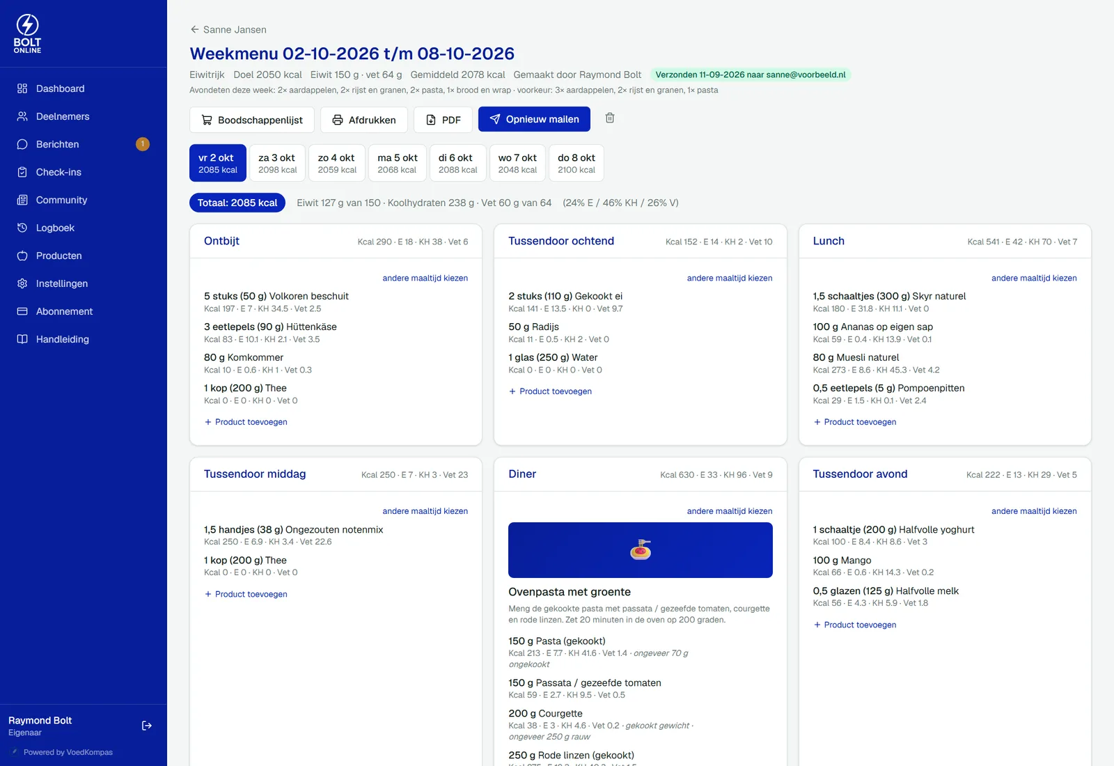 Een weekmenu in VoedKompas met een dag opengeklapt